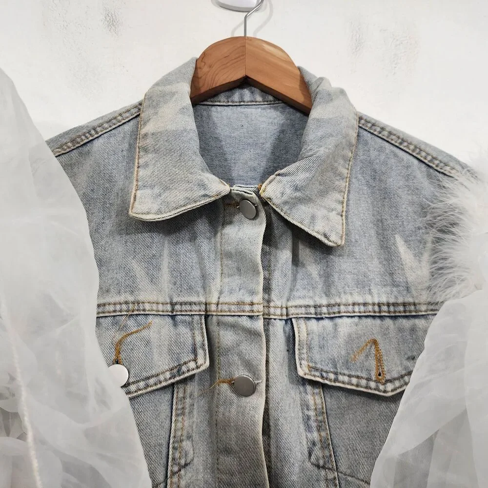 Upclycled Bujtton-front denim vest oversized white tulle ruffle sleeves Size L - Picture 16 of 16